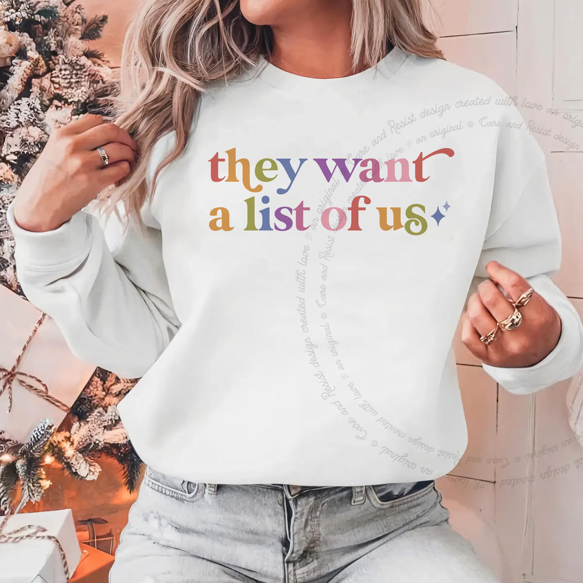 They Want a List of Us Care & Resist Gildan crewneck sweatshirt in White