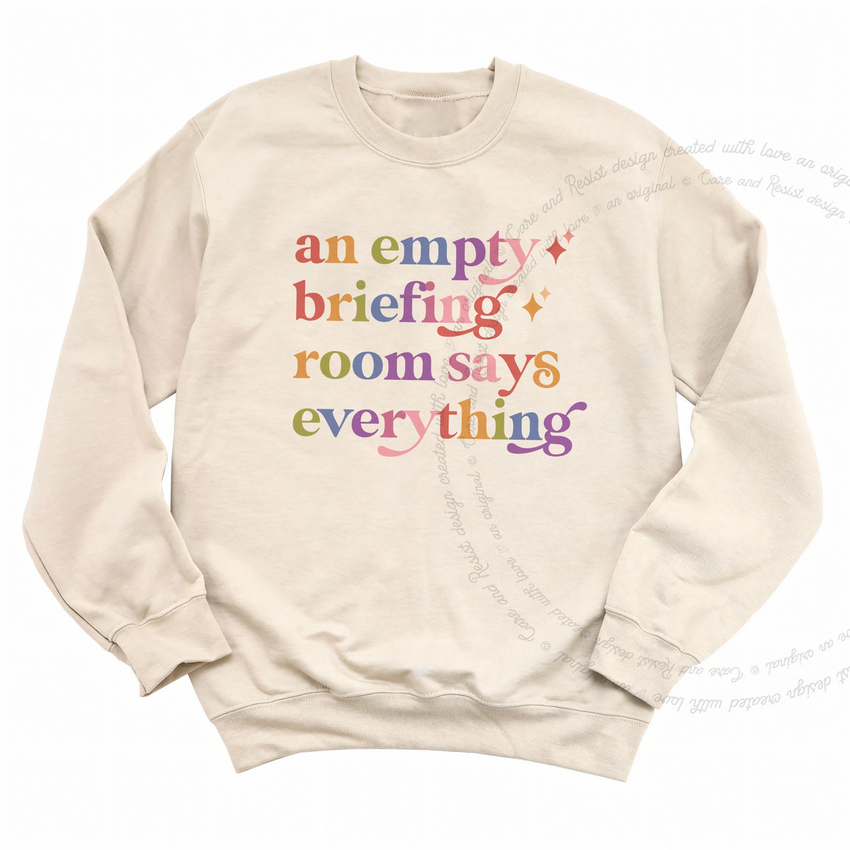 An Empty Briefing Room Says Everything Care & Resist Gildan crewneck sweatshirt in Sand