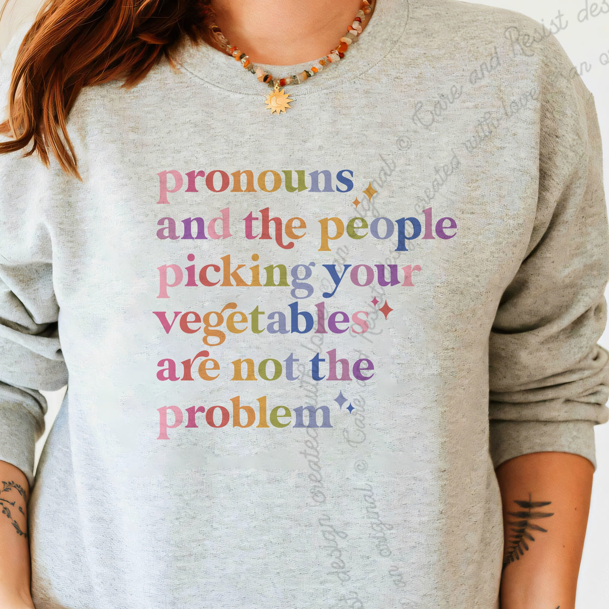 Pronouns and the People Picking Your Vegetables Are Not the Problem Care & Resist Gildan crewneck sweatshirt in Sport Grey