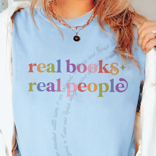 Real Books Real People Care & Resist progressive t-shirt in Chambray