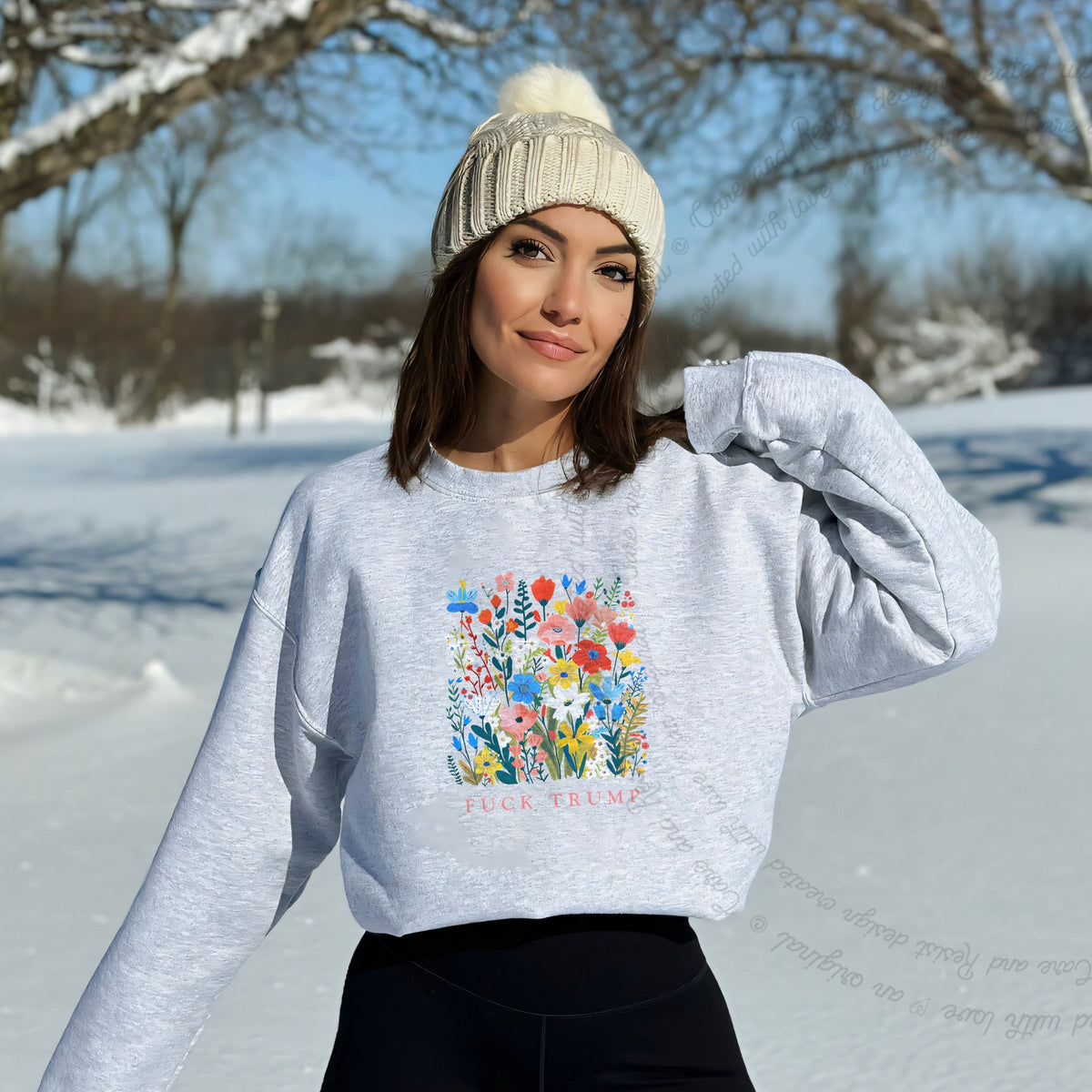 Fuck Trump Floral Care & Resist Gildan crewneck sweatshirt in Sport Grey