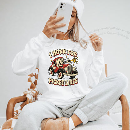 I Honk for Picket Lines Cartoon Care & Resist Gildan crewneck sweatshirt in White