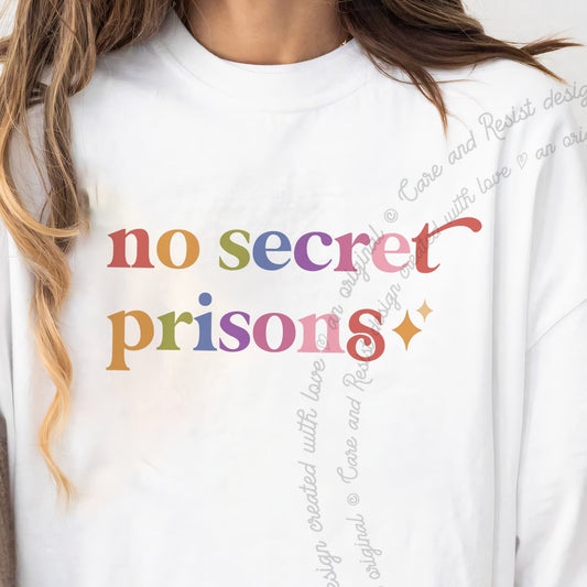 No Secret Prisons Care & Resist progressive t-shirt in White