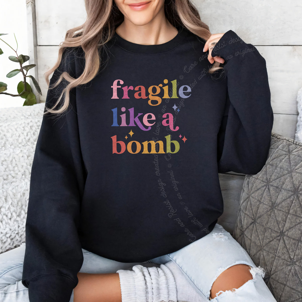 Fragile Like a Bomb Care & Resist Gildan crewneck sweatshirt in Black