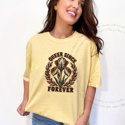 Queer Since Forever Iris Linocut Care & Resist progressive t-shirt in Banana