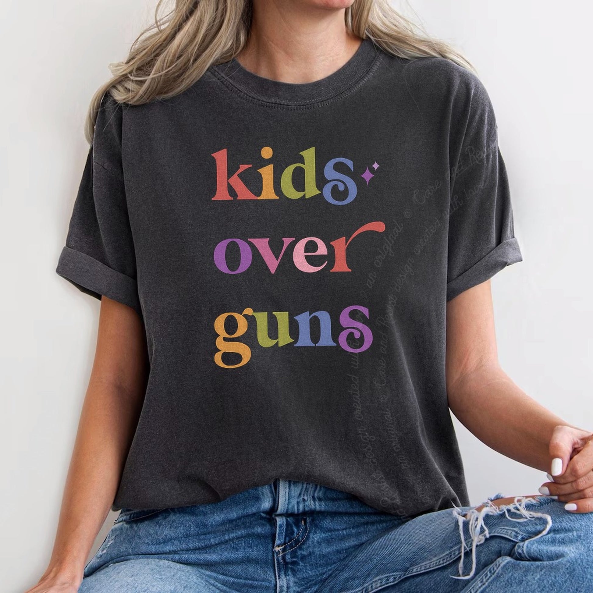 Kids Over Guns Care & Resist rainbow Comfort Colors tee, Graphite
