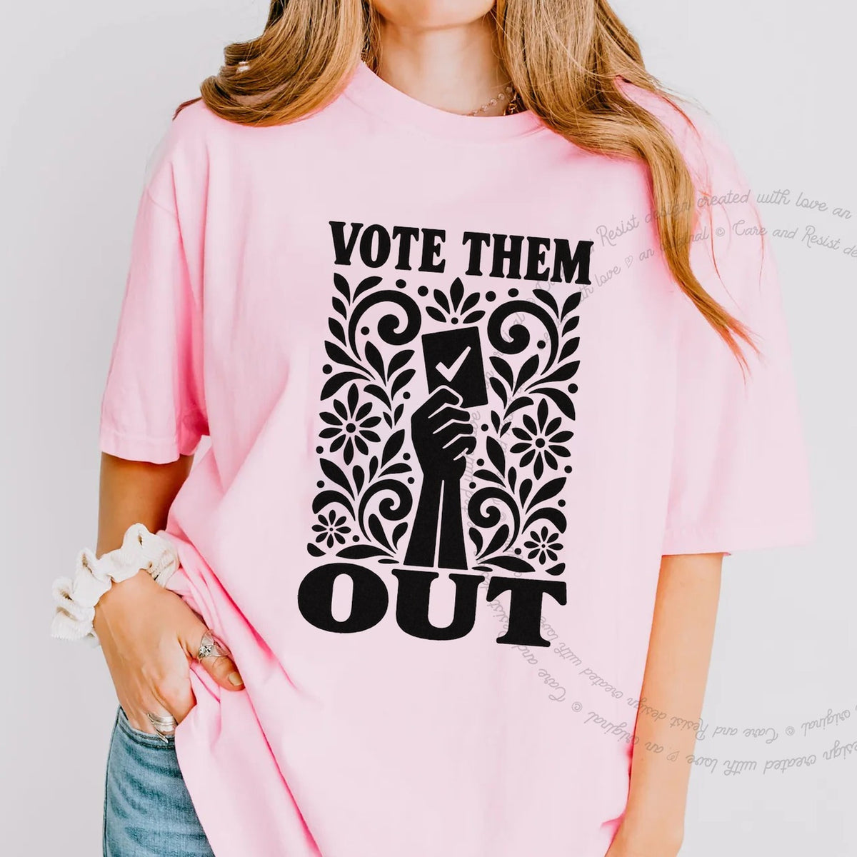 Vote Them Out Ballot Stencil Care & Resist progressive t-shirt in Blossom