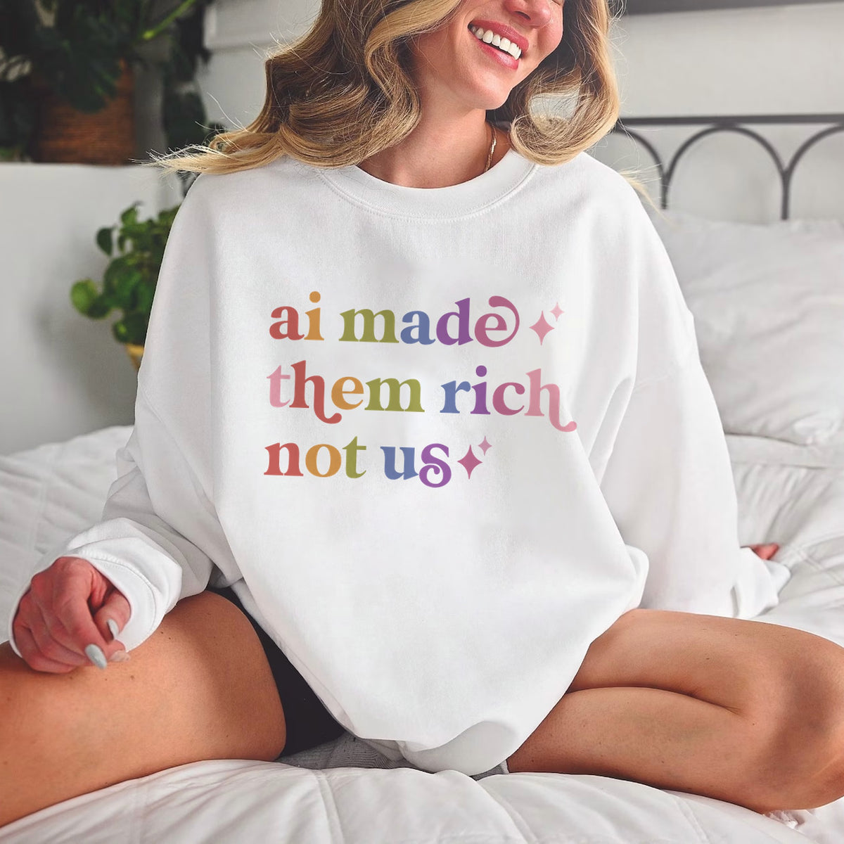 Ai Made Them Rich not Us Care & Resist Gildan crewneck sweatshirt in White