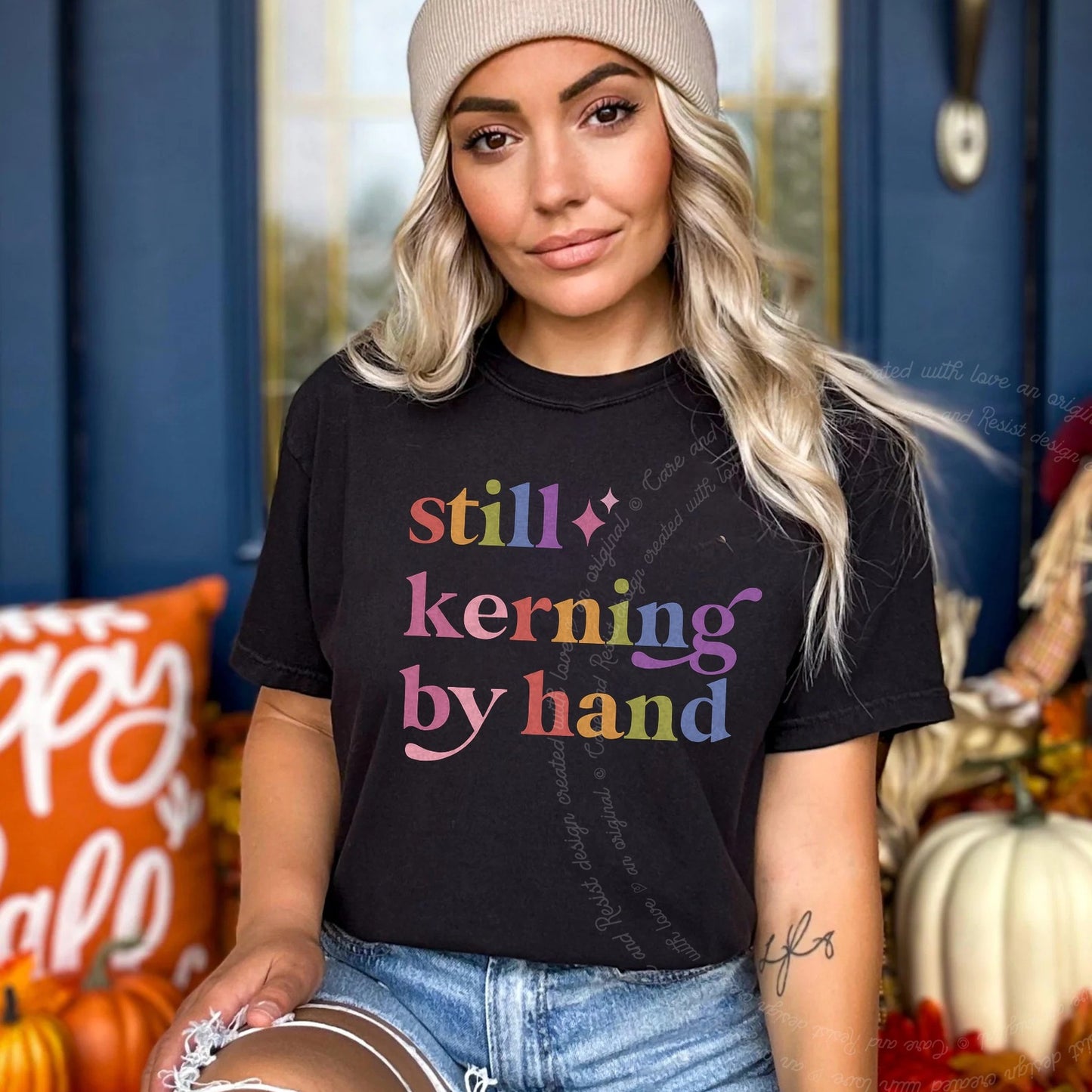 Still Kerning By Hand Care & Resist rainbow Comfort Colors tee, Black