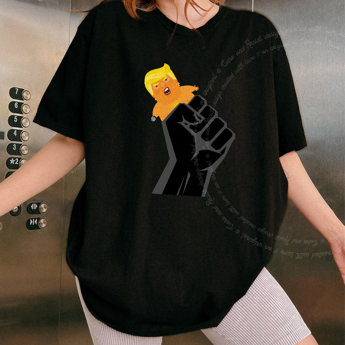 Resist Fist and Trump Blimp Care & Resist progressive t-shirt in Black