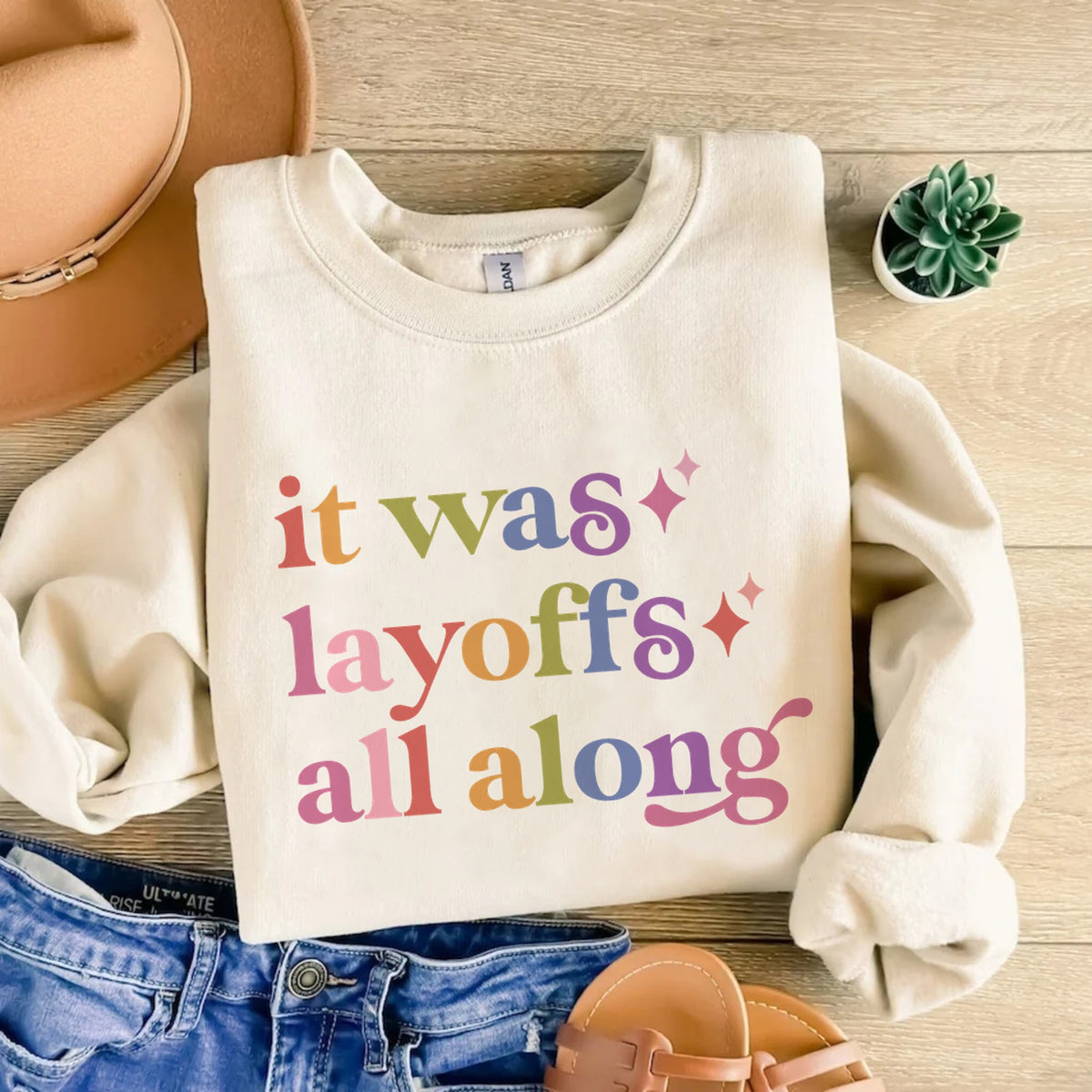 It Was Layoffs All Along Care & Resist Gildan crewneck sweatshirt in Sand