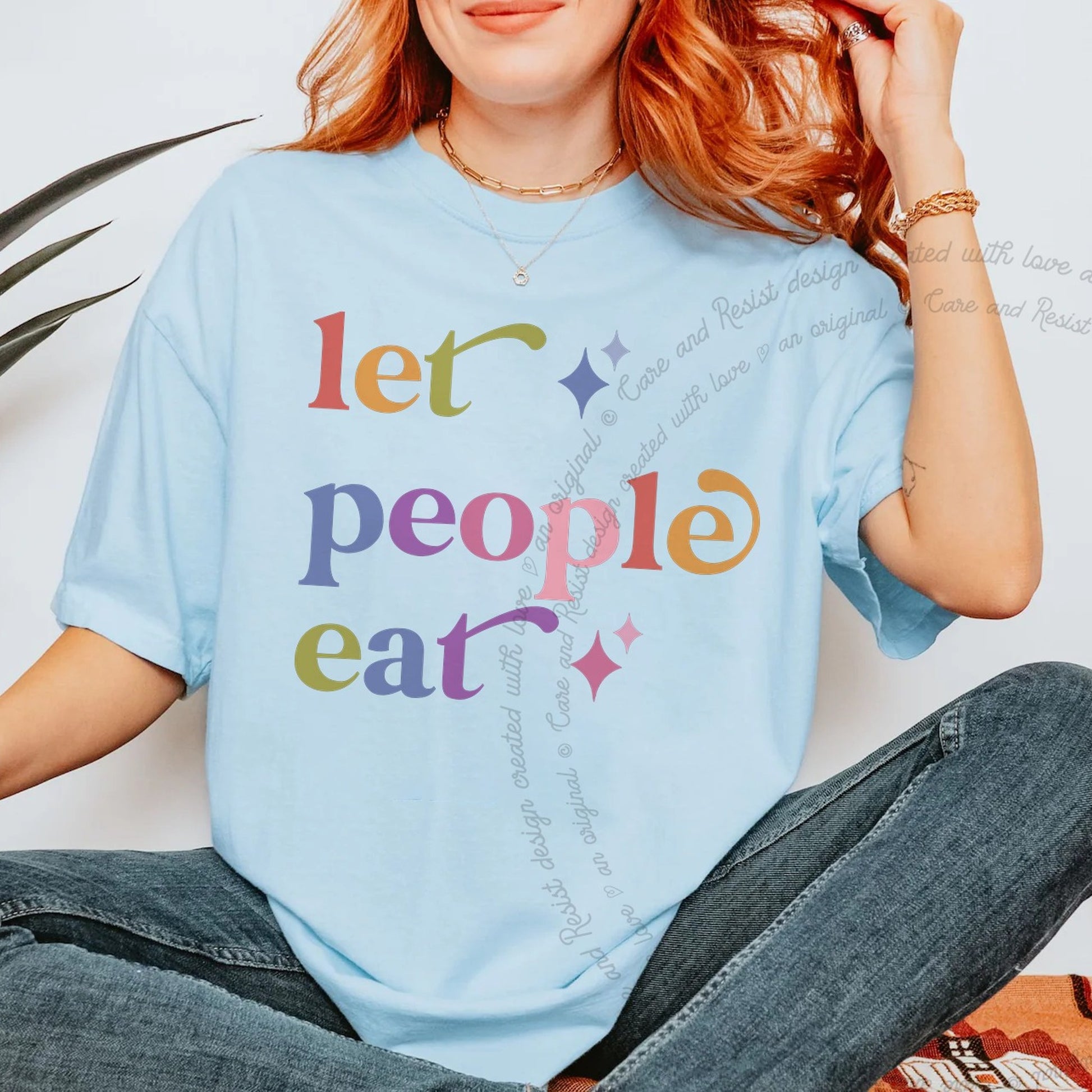 Let People Eat Care & Resist rainbow Comfort Colors tee, Chambray