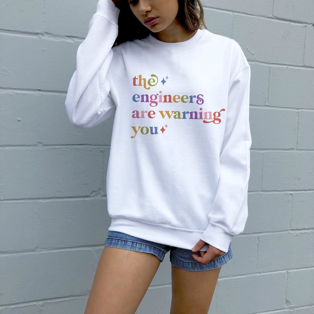 The Engineers are Warning You Care & Resist Gildan crewneck sweatshirt in White