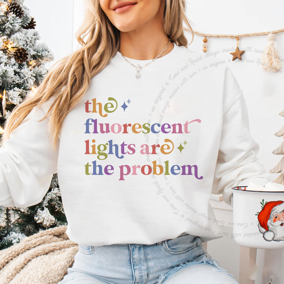 The Fluorescent Lights are the Problem Care & Resist Gildan crewneck sweatshirt in White