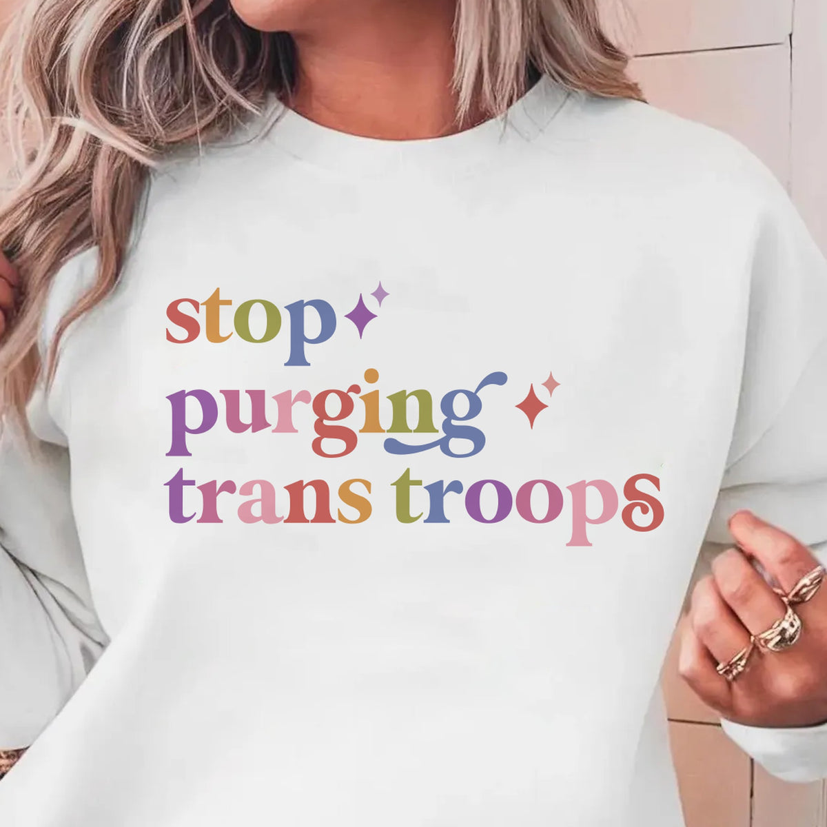 Stop Purging Trans Troops Care & Resist Gildan crewneck sweatshirt in White