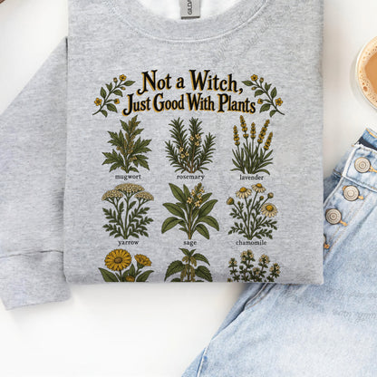 Not a Witch Just Good With Plants Care & Resist Gildan crewneck sweatshirt in Sport Grey