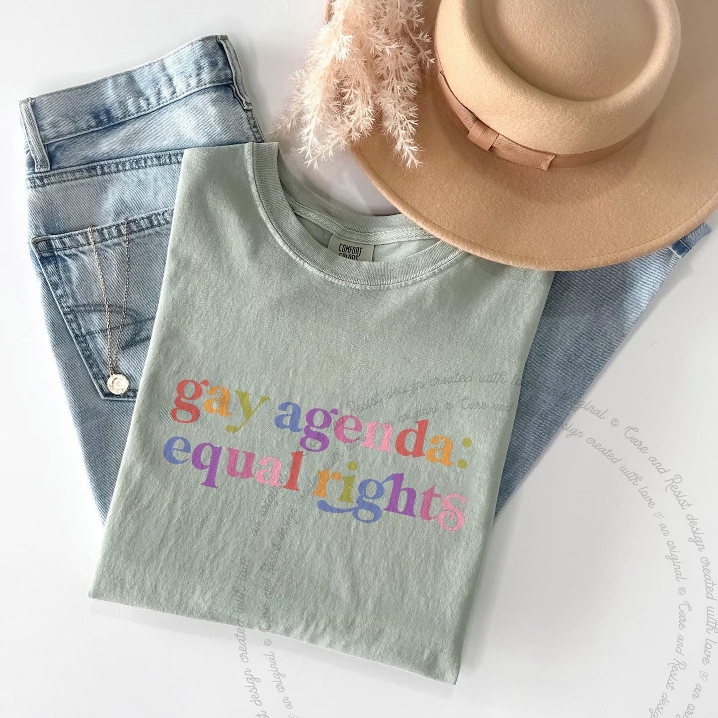 Gay Agenda Equal Rights Care & Resist rainbow Comfort Colors tee, Bay