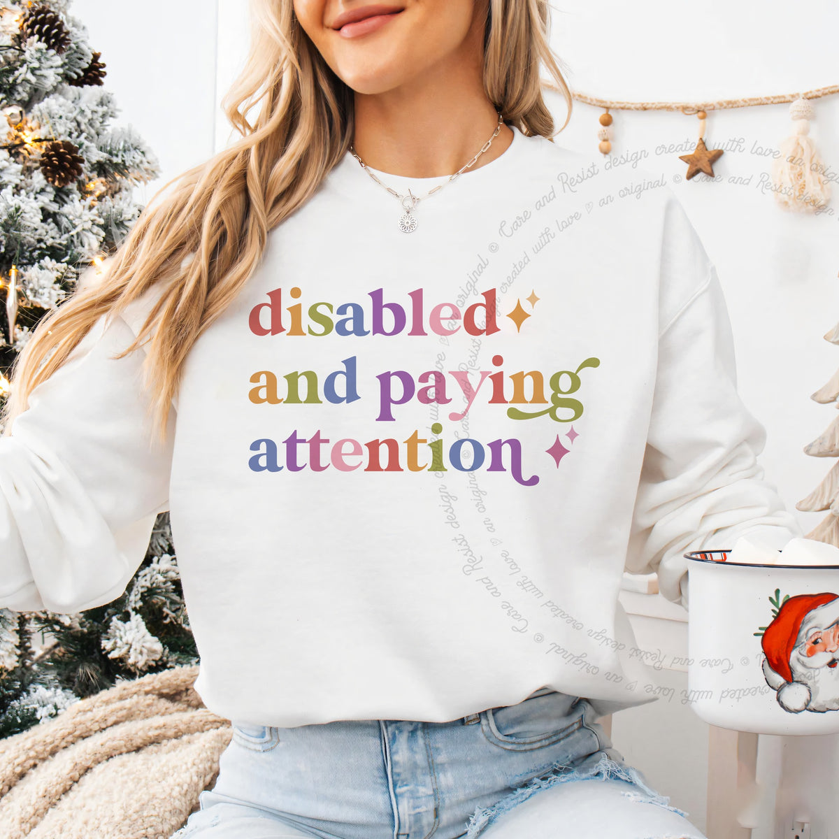 Disabled and Paying Attention Care & Resist Gildan crewneck sweatshirt in White