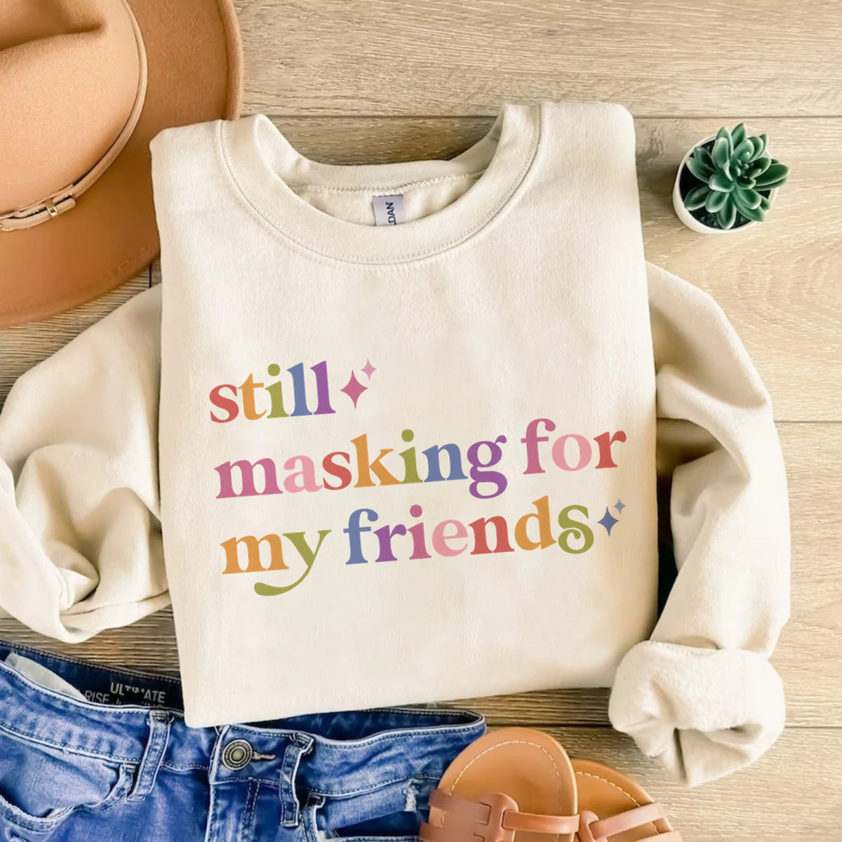 Still Masking for My Friends Care & Resist Gildan crewneck sweatshirt in Sand