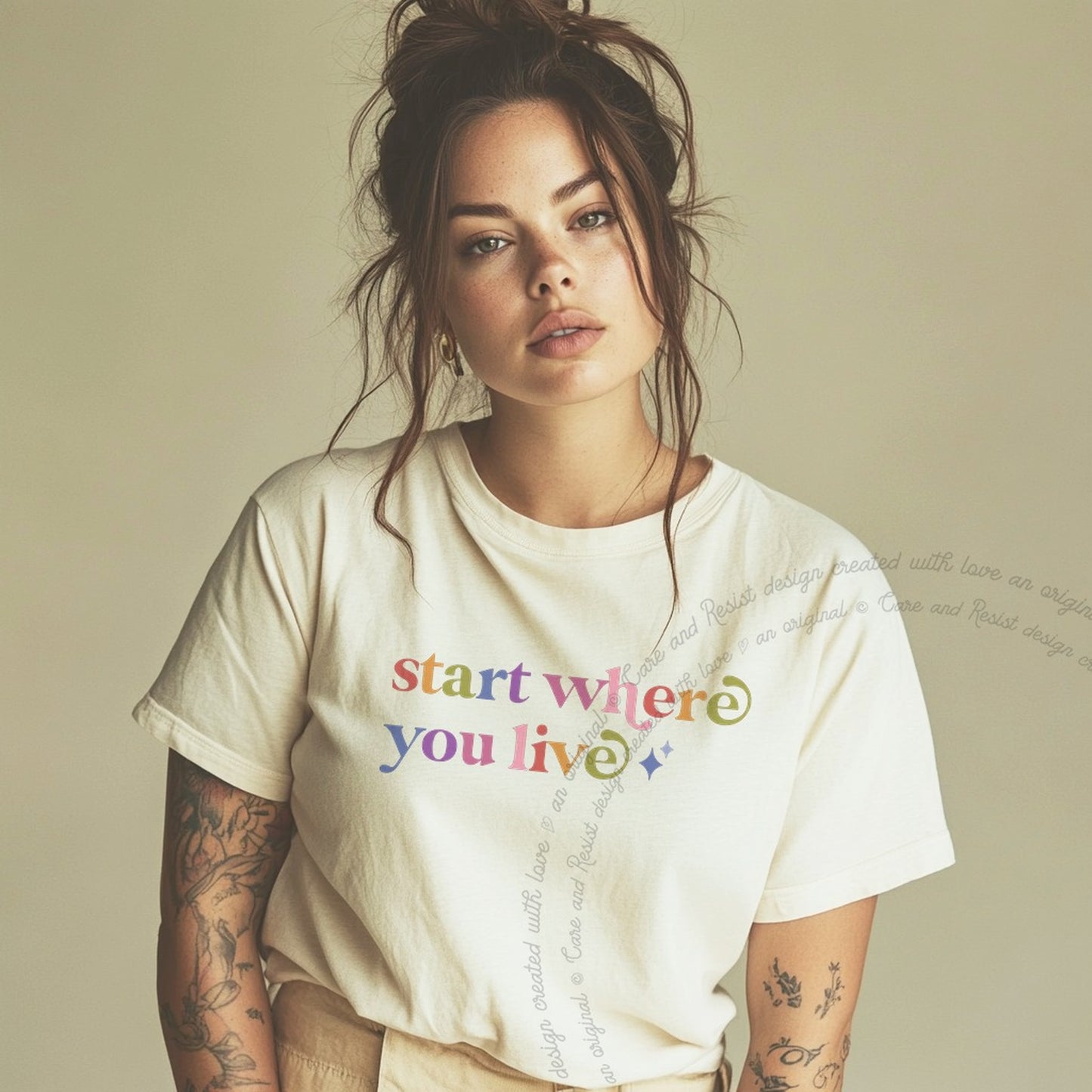 Start Where You Live Care & Resist rainbow Comfort Colors tee, Ivory
