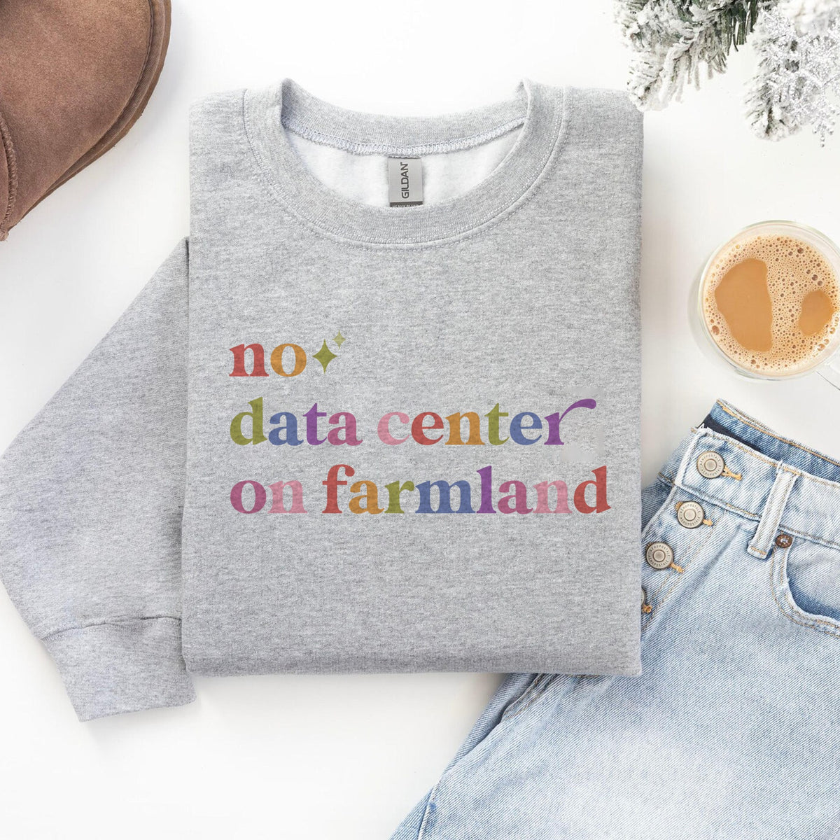 No Data Center on Farmland Care & Resist Gildan crewneck sweatshirt in Sport Grey