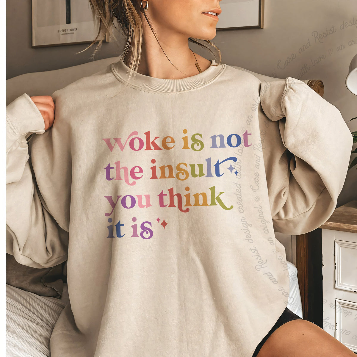 Woke Is Not the Insult You Think It Is Care & Resist Gildan crewneck sweatshirt in Sand