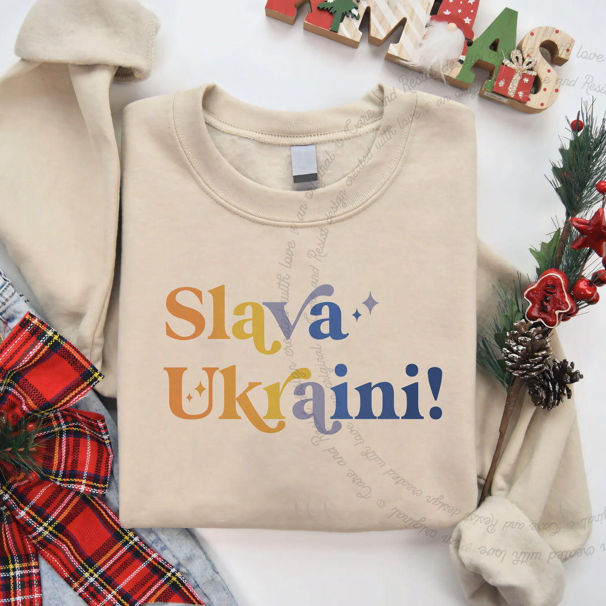 Slava Ukraini Care & Resist Gildan crewneck sweatshirt in Sand
