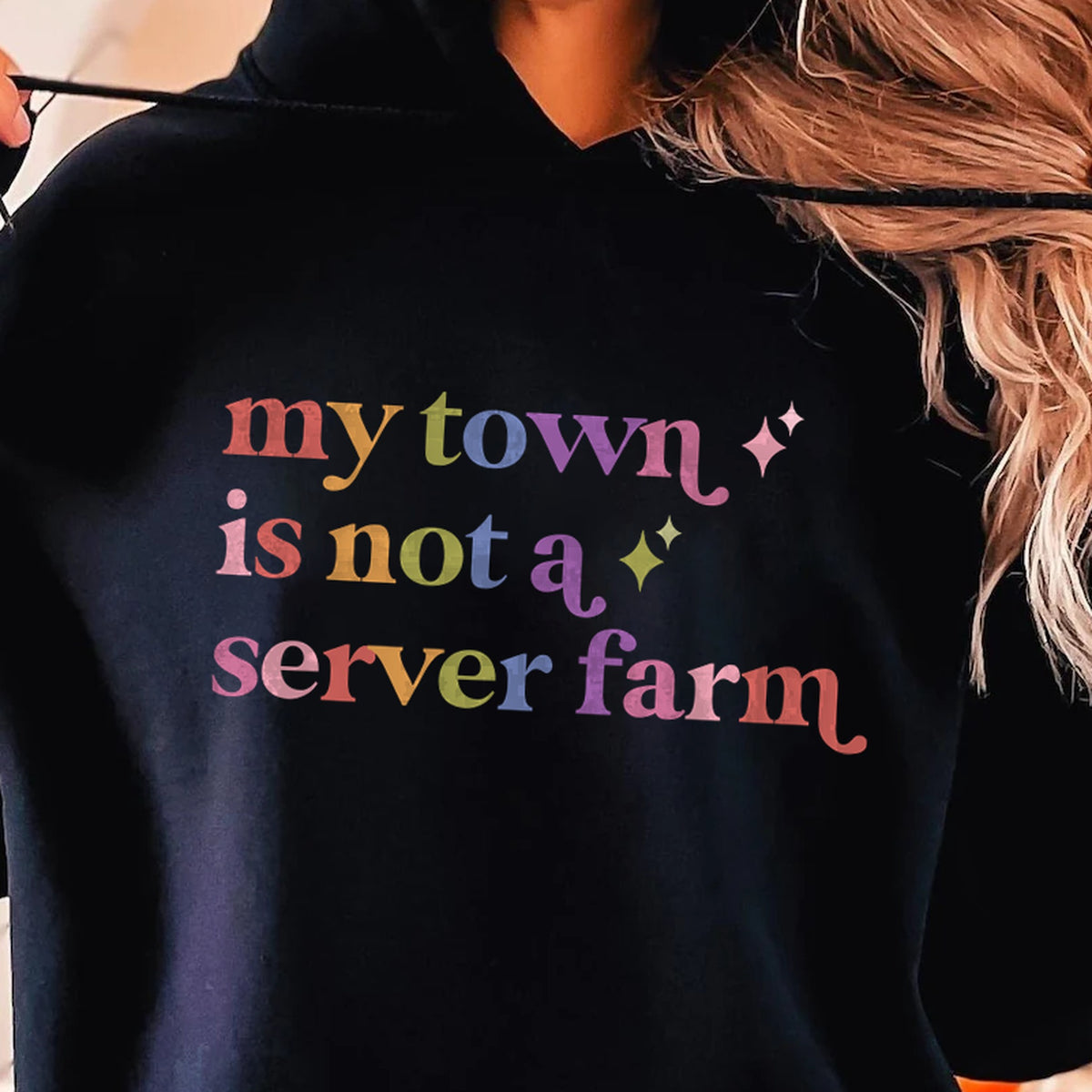 My Town is not a Server Farm Care & Resist Gildan hoodie in Black