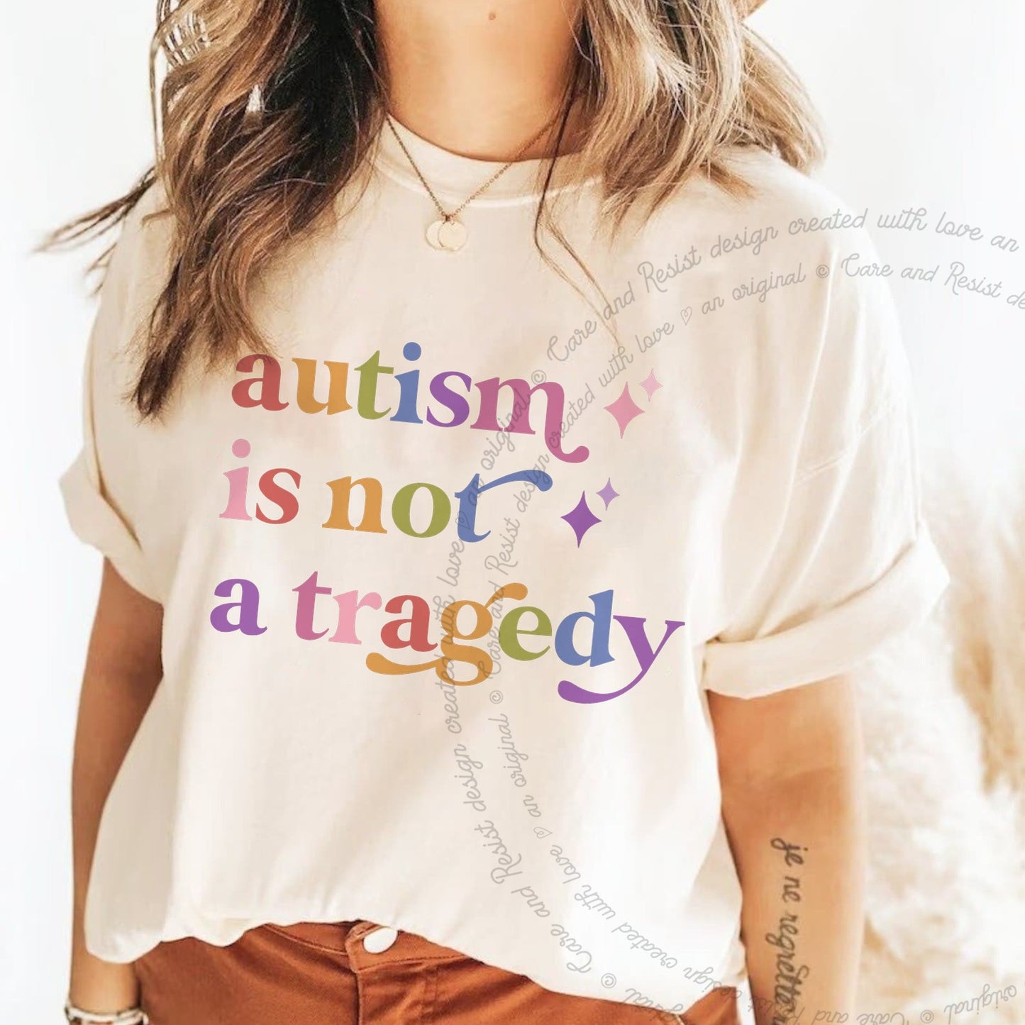 Autism is not a Tragedy Care & Resist rainbow Comfort Colors tee, Ivory