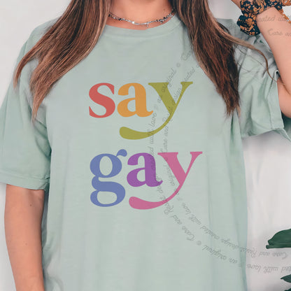 Say Gay Care & Resist progressive t-shirt in Bay