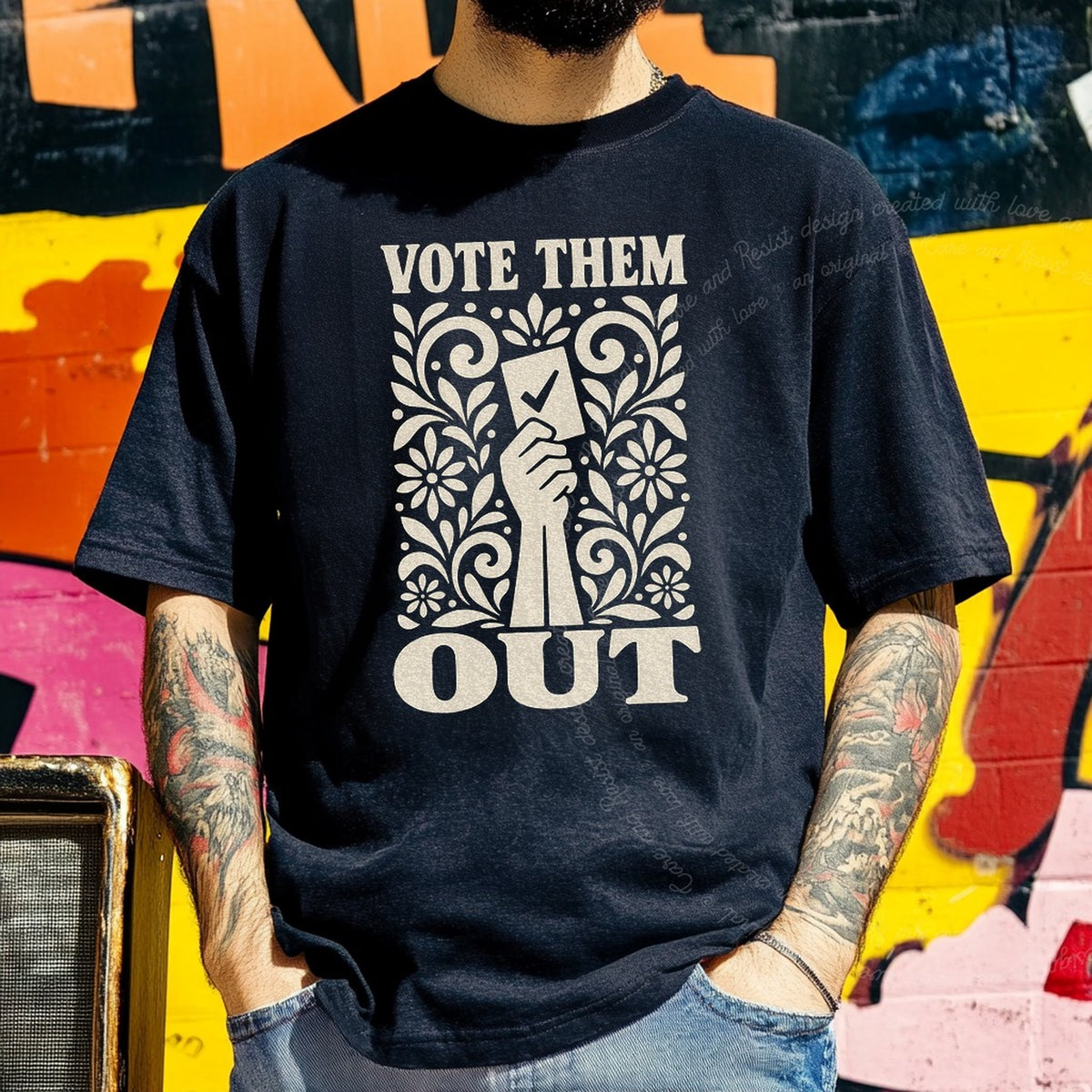 Vote Them Out Ballot Linocut Care & Resist progressive t-shirt in Black