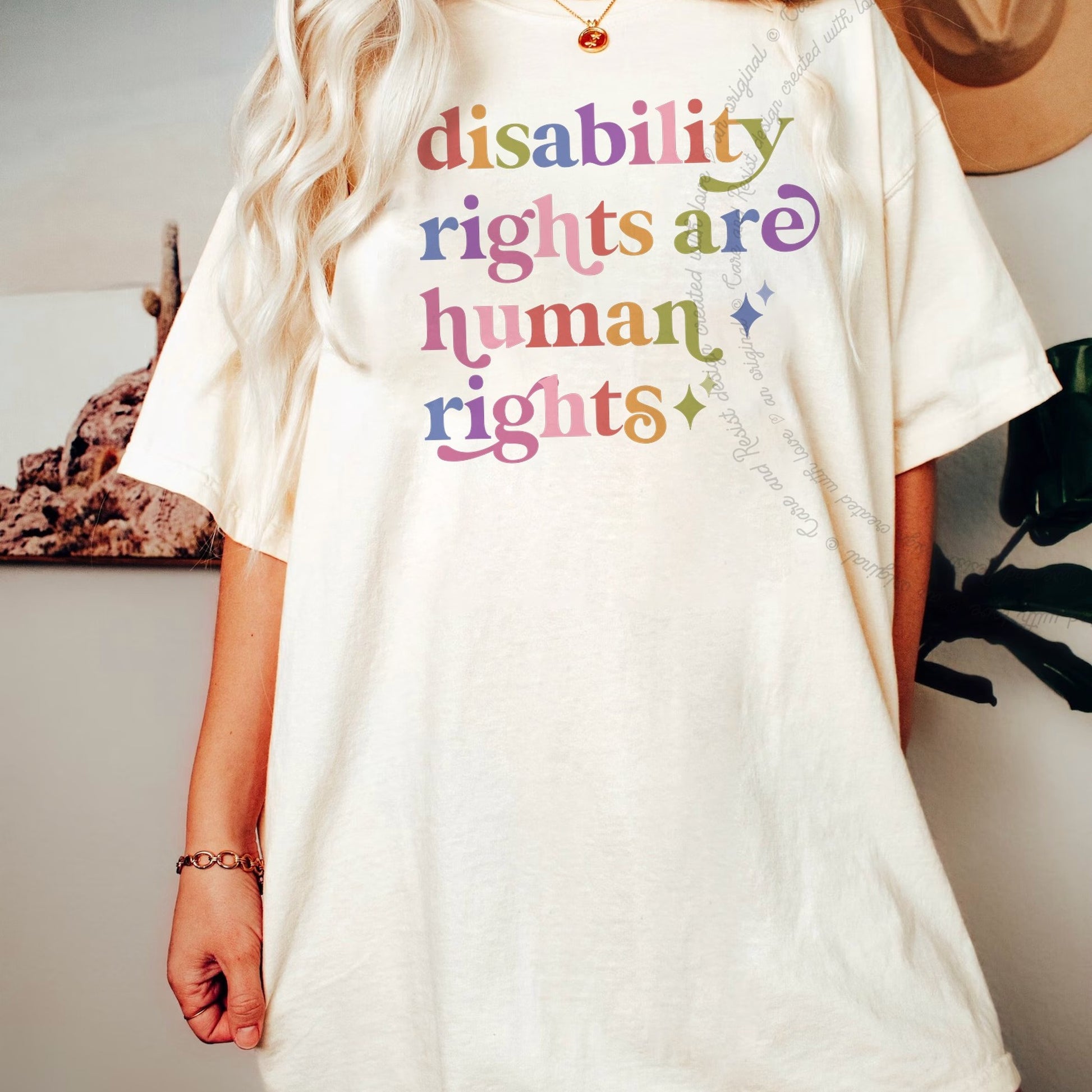 Disability Rights are Human Rights Care & Resist rainbow Comfort Colors tee, Ivory