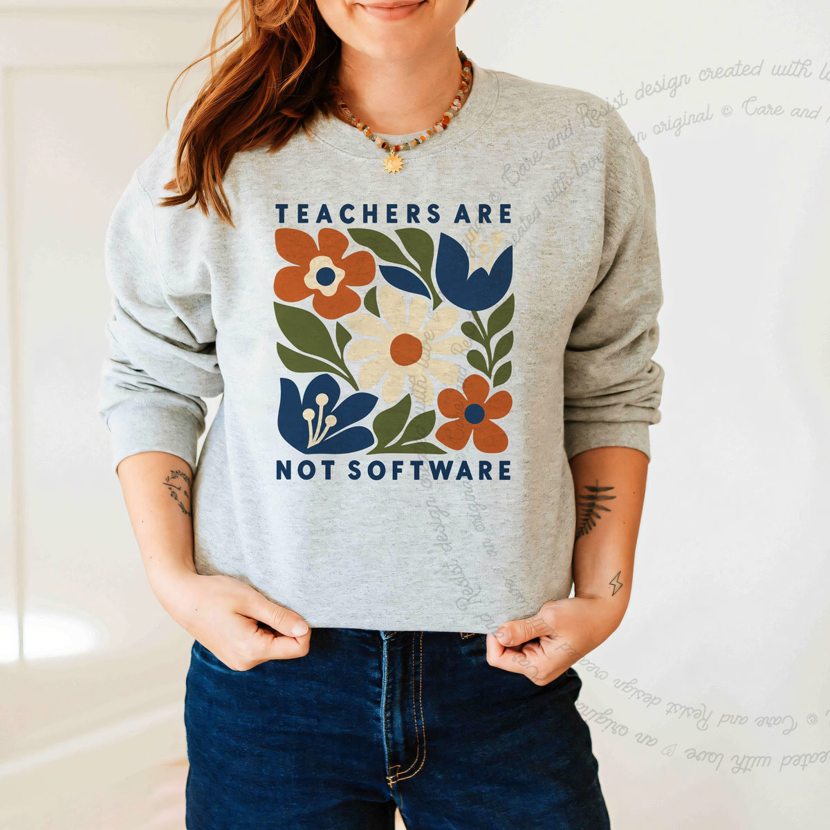 Teachers are not Software Cutout Care & Resist Gildan crewneck sweatshirt in Sport Grey