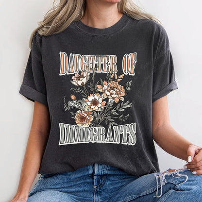 Daughter of Immigrants Care & Resist progressive t-shirt in Graphite