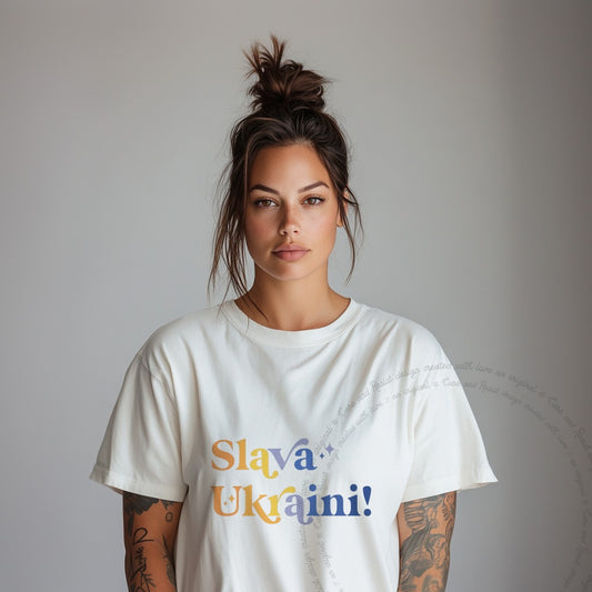 Slava Ukraini Care & Resist progressive t-shirt in Ivory
