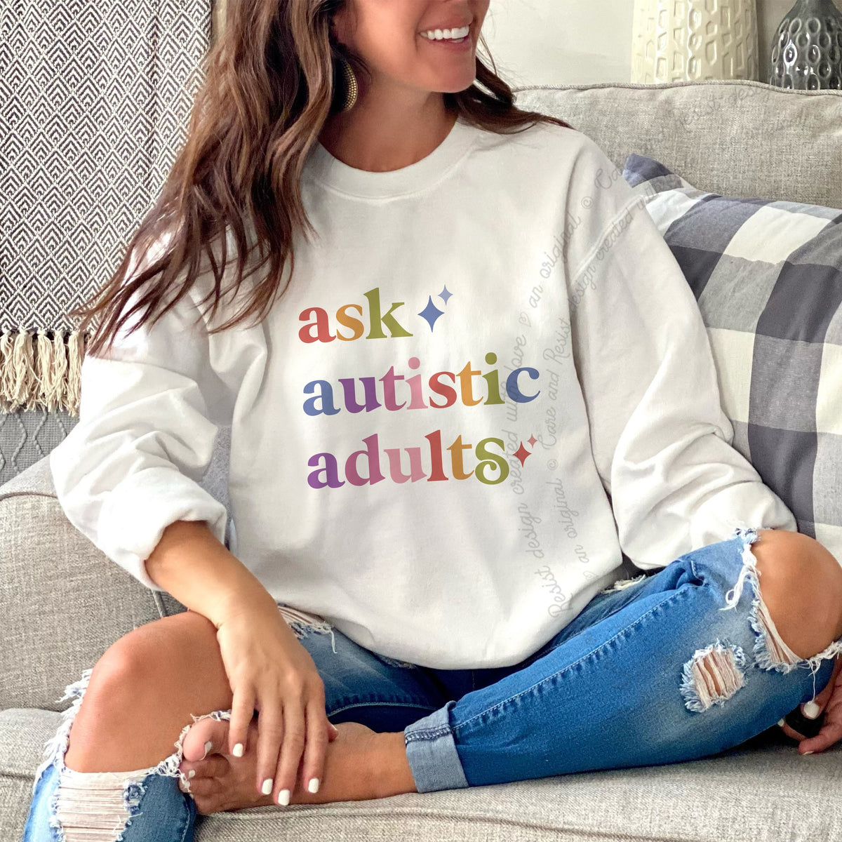 Ask Autistic Adults Care & Resist Gildan crewneck sweatshirt in White