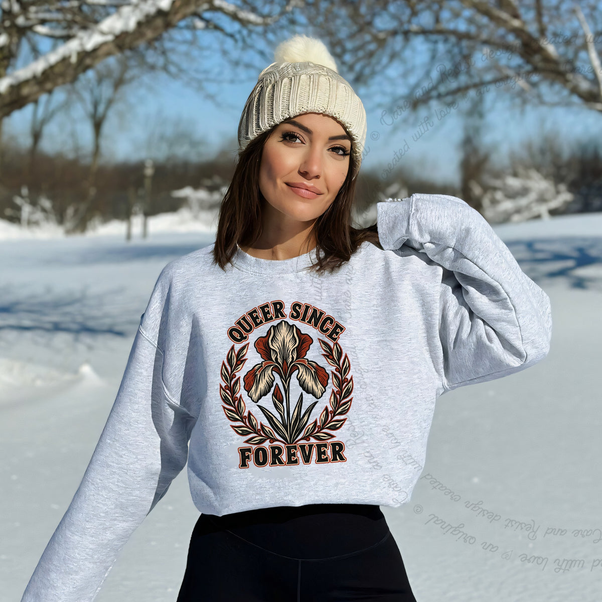 Queer Since Forever Iris Linocut Care & Resist Gildan crewneck sweatshirt in Sport Grey