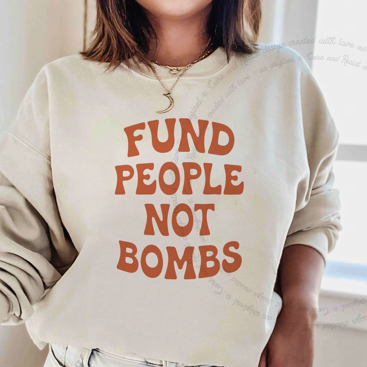 Fund People not Bombs Stacked Care & Resist Gildan crewneck sweatshirt in Sand