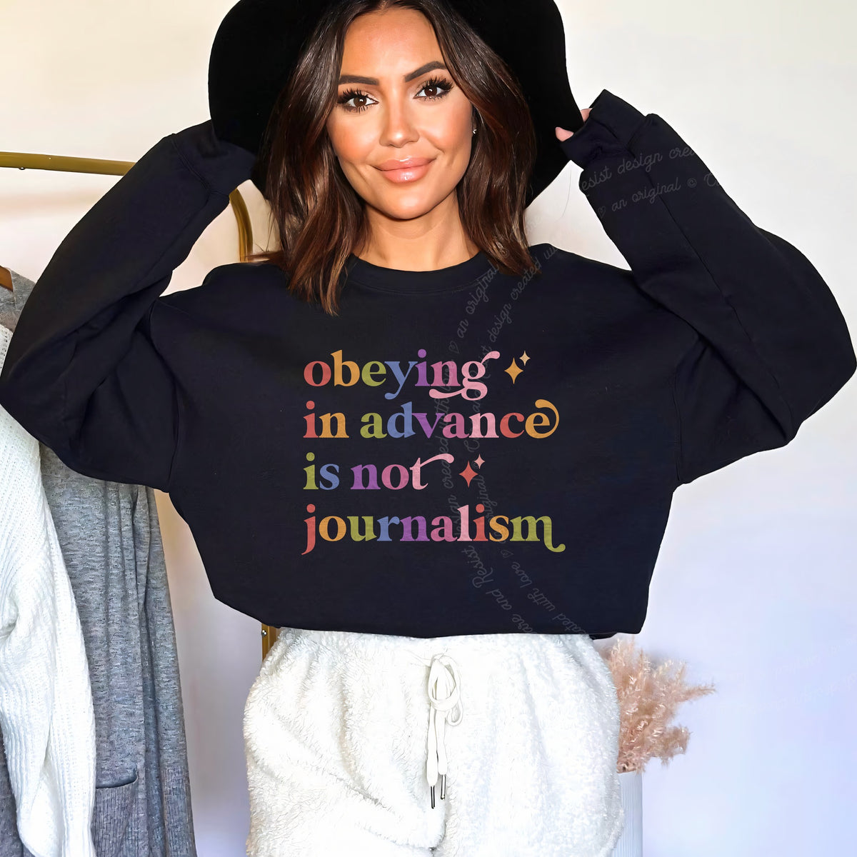 Obeying in Advance is not Journalism Care & Resist Gildan crewneck sweatshirt in Black