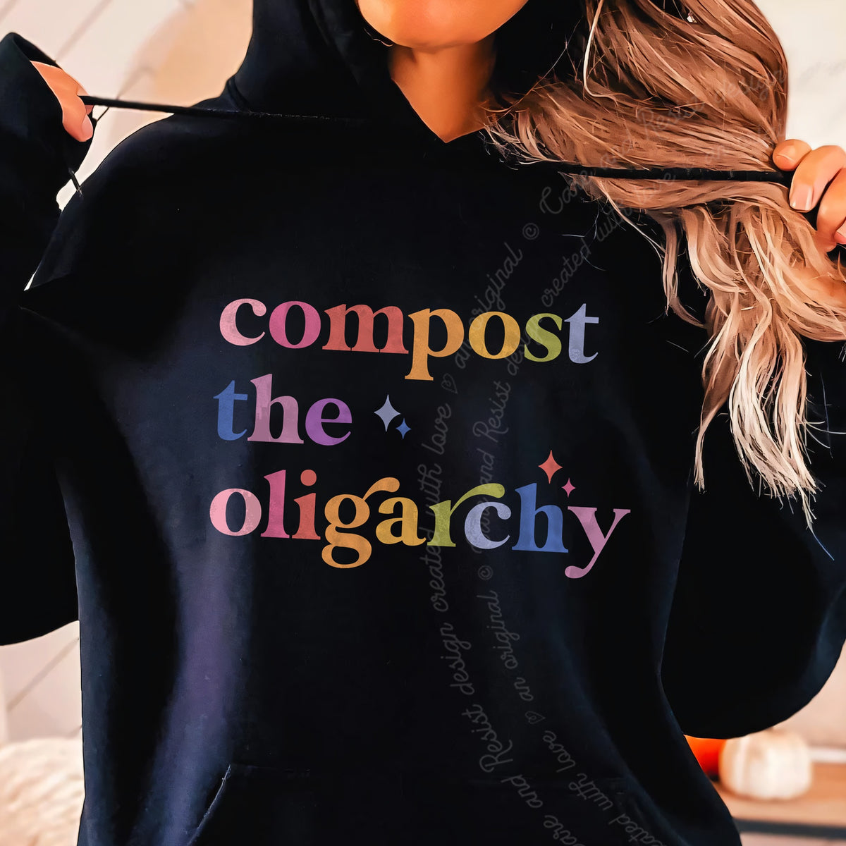 Compost the Oligarchy Care & Resist Gildan hoodie in Black