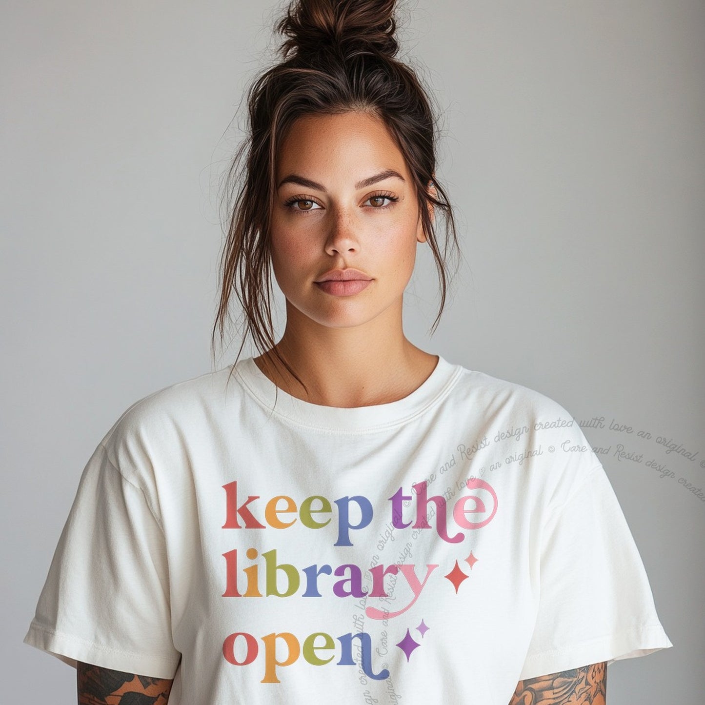 Keep the Library Open Care & Resist rainbow tee