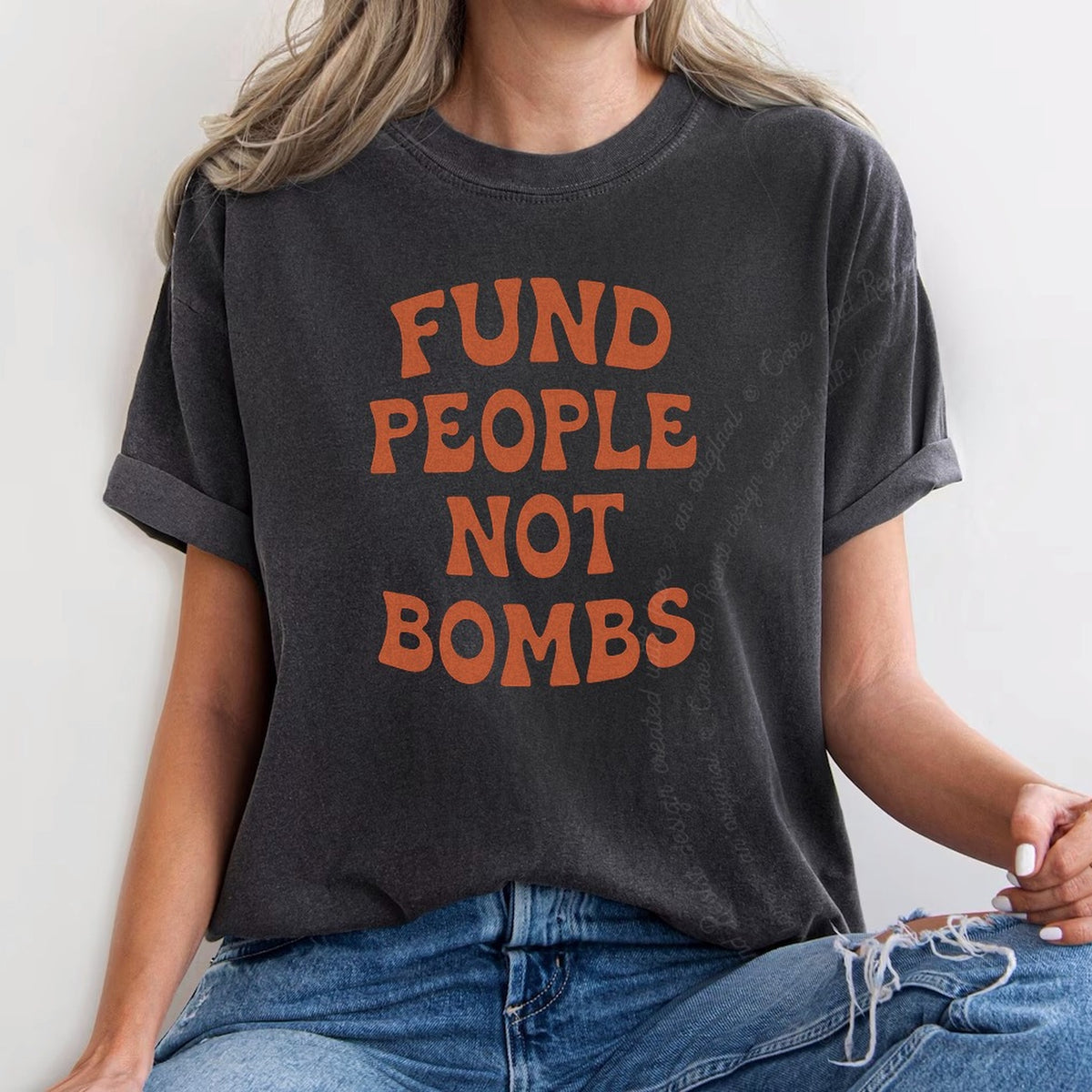 Fund People not Bombs Stacked Care & Resist progressive t-shirt in Graphite
