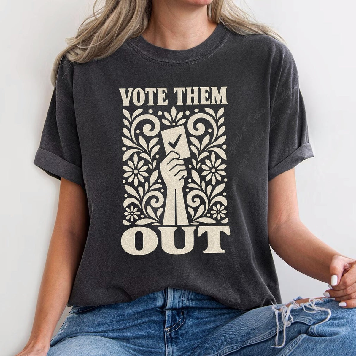 Vote Them Out Ballot Linocut Care & Resist progressive t-shirt in Graphite