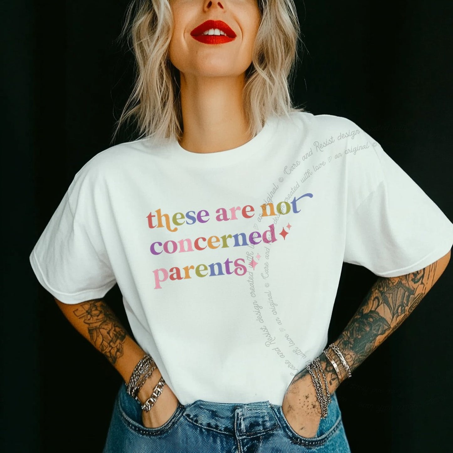 These are not Concerned Parents Care & Resist rainbow Comfort Colors tee, White
