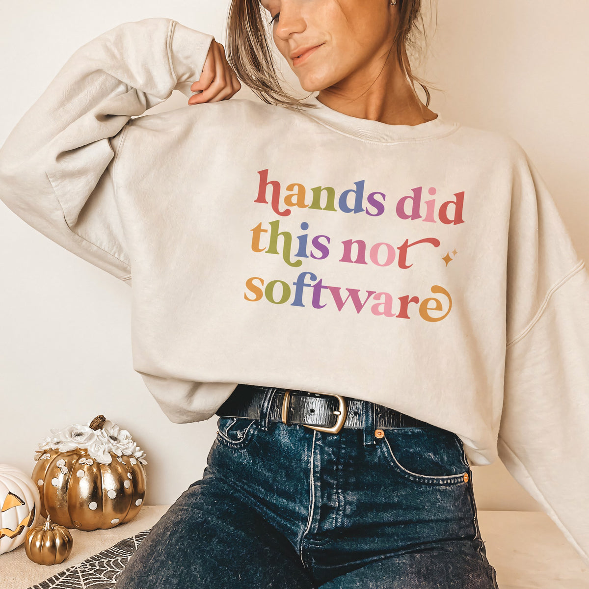 Hands Did This not Software Care & Resist Gildan crewneck sweatshirt in Sand