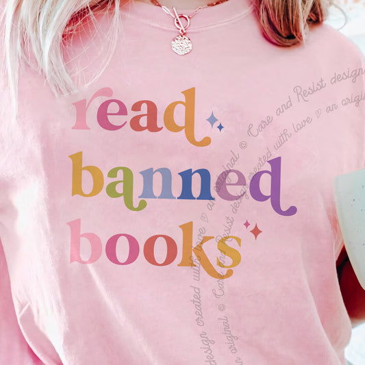 Read Banned Books Care & Resist progressive t-shirt in Blossom