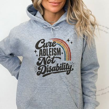 Cure Ableism not Disability Badge Care & Resist Gildan hoodie in Sport Grey