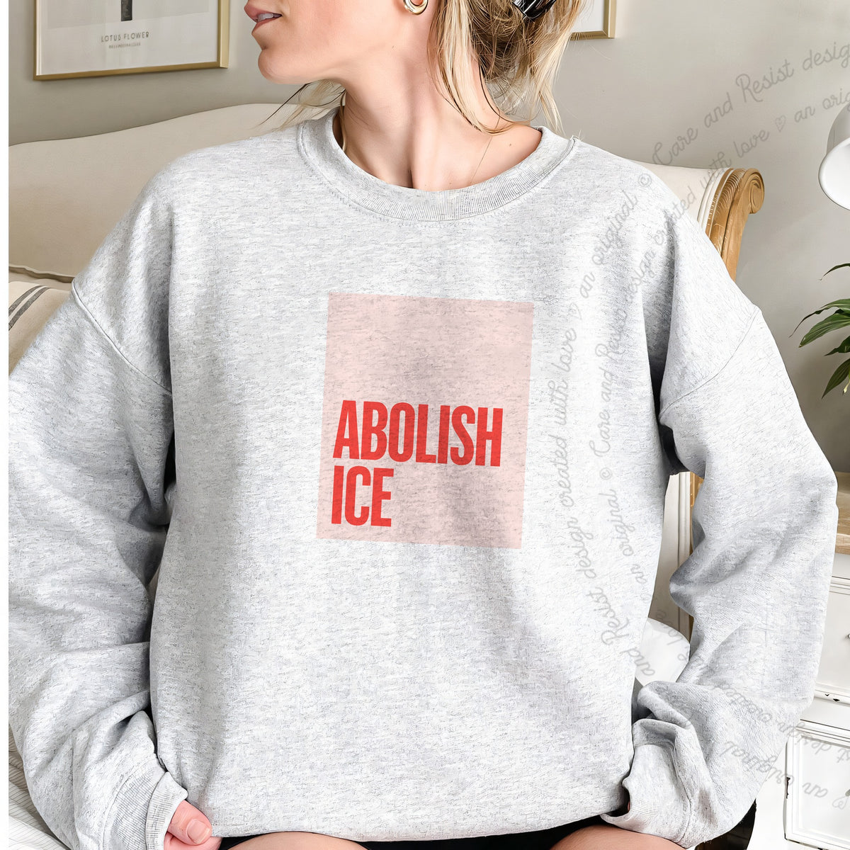 Abolish ICE Care & Resist Gildan crewneck sweatshirt in Sport Grey