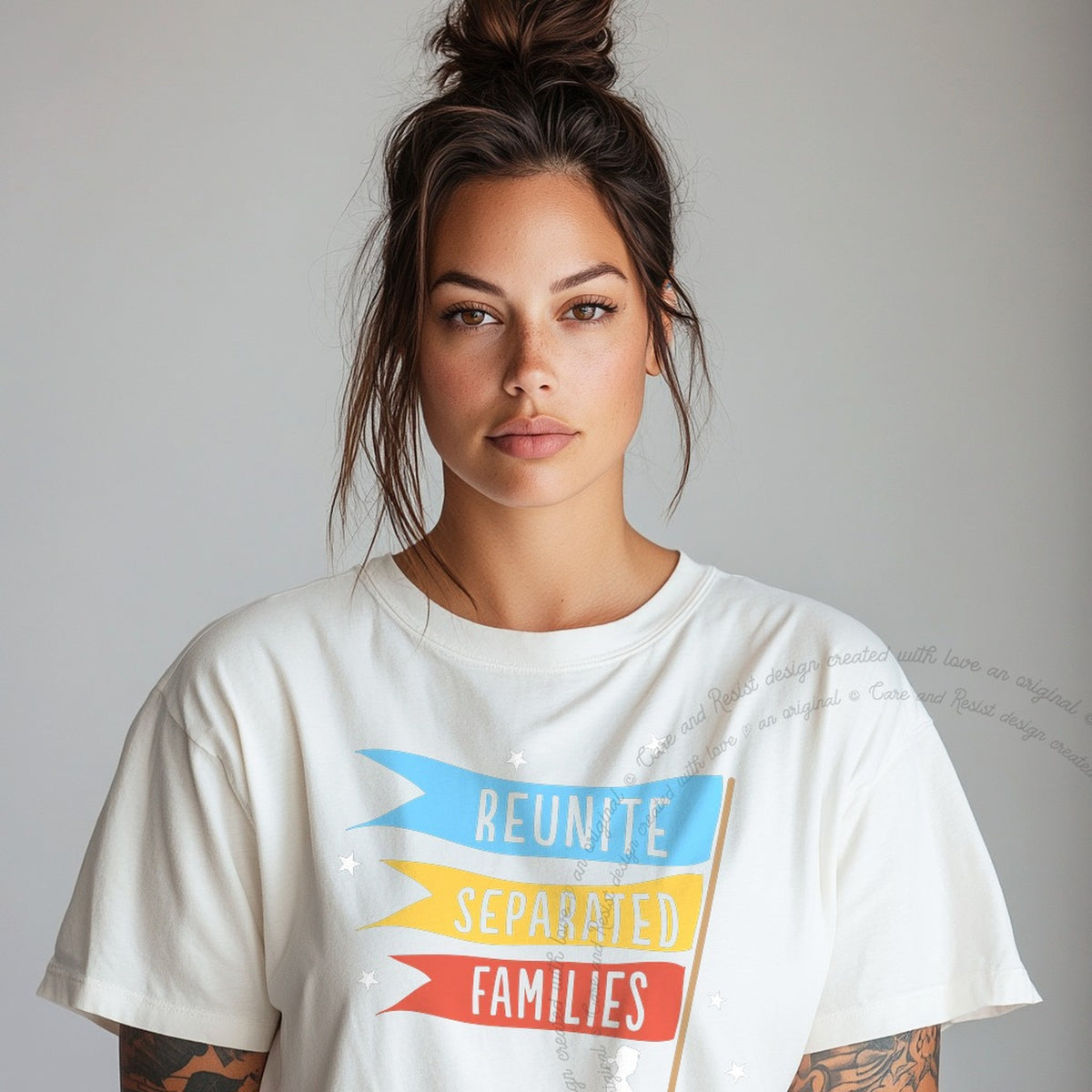 Reunite Separated Families Flags Care & Resist progressive t-shirt in White