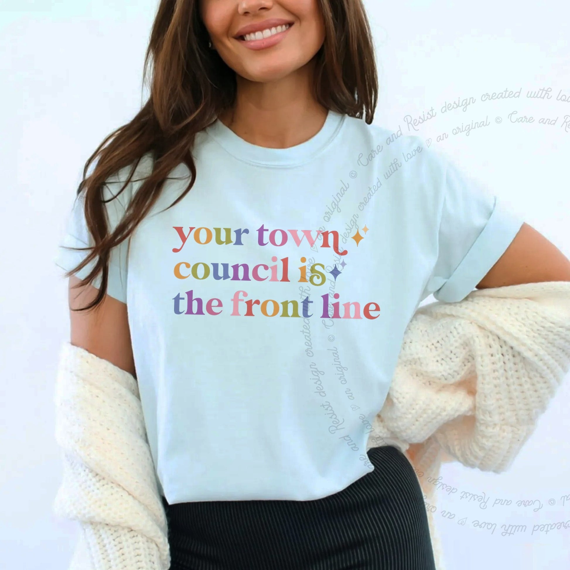 Your Town Council is the Front Line Care & Resist rainbow Comfort Colors tee, Chambray